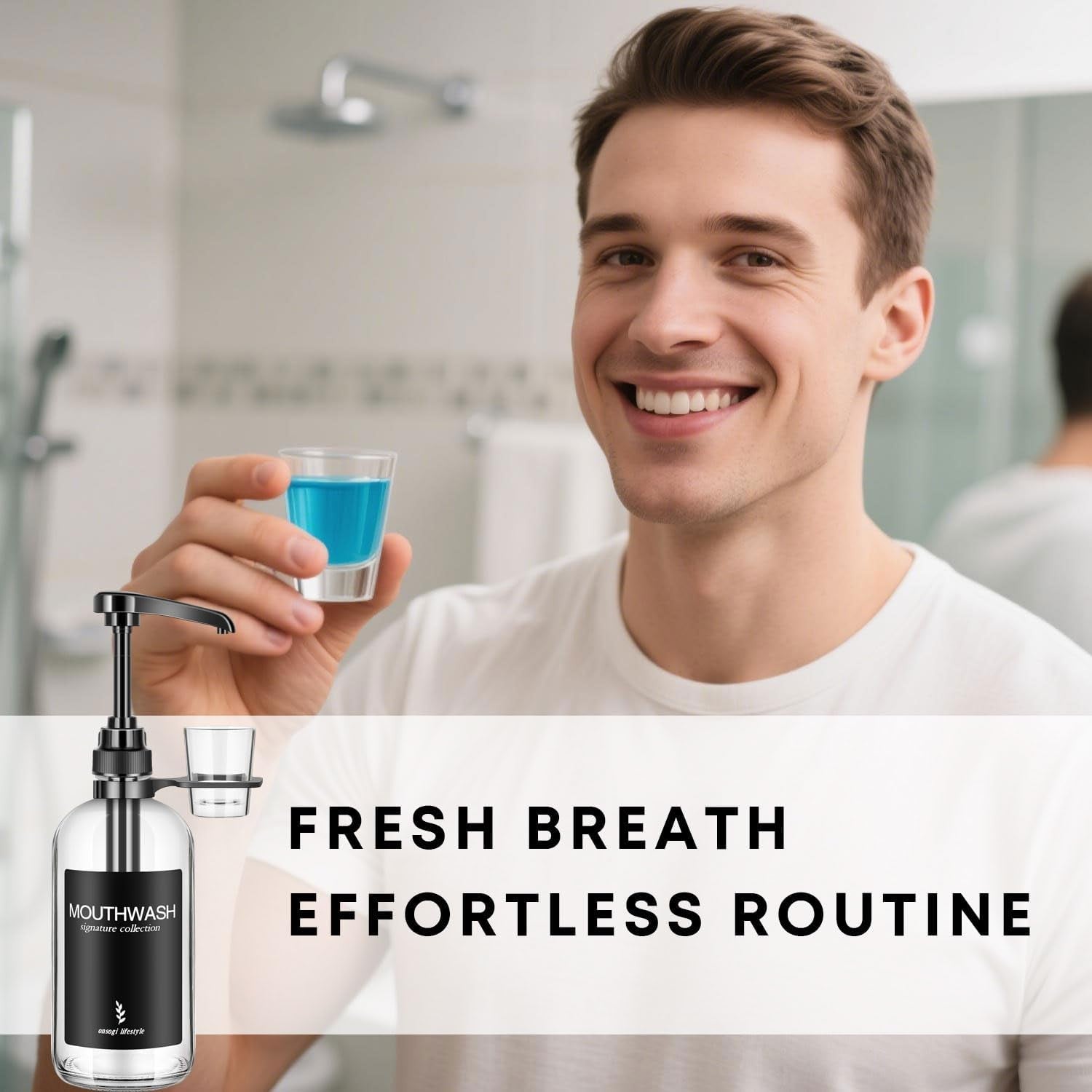 Clear Glass Mouthwash Dispenser with Black Cup Holder and Pump, 16 Oz