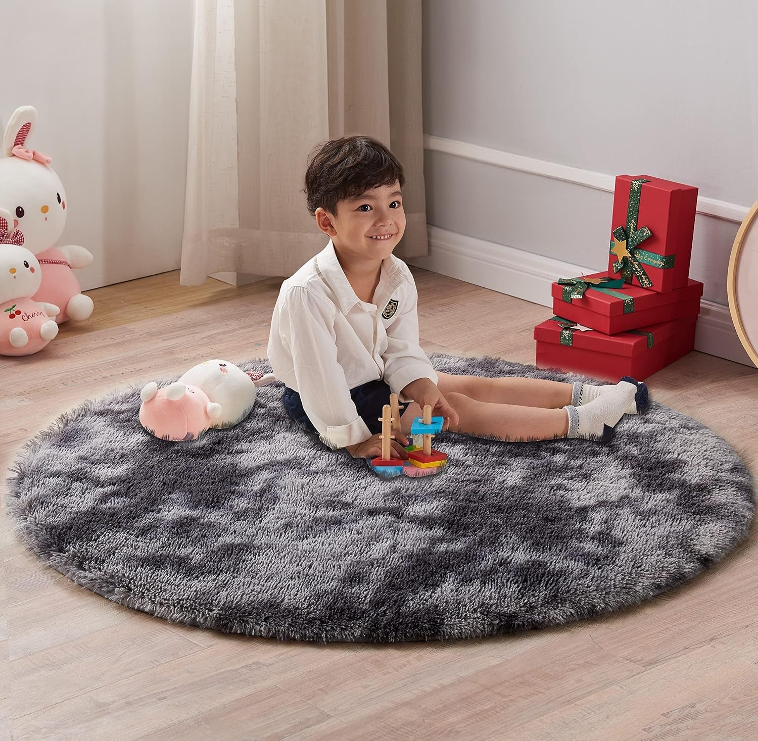 round Rug 5Ft, Tie-Dyed Dark Grey Circle Rug for Bedroom, Nursery Rug, round Area Rug, Fluffy Shag Fuzzy Soft Rug, Circular Rug for Kids Girl Room Playroom, Plush Shaggy Furry Rug Home Decor