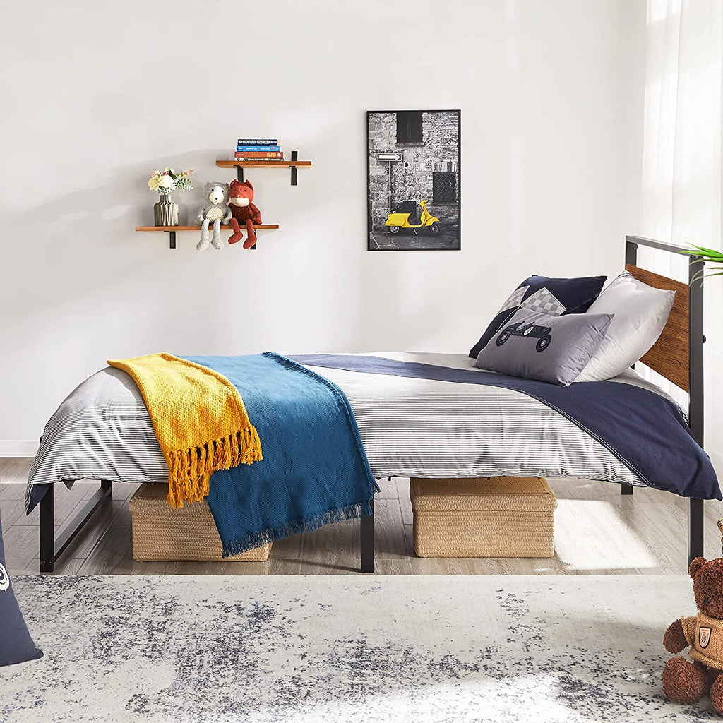 Twin Size Bed Frame, Single Metal Platform Bed with Rustic Wooden Headboard and Footboard, No Box Spring Needed/12 Inch Underbed Storage Space/No Noise/Easy Assembly, Walnut