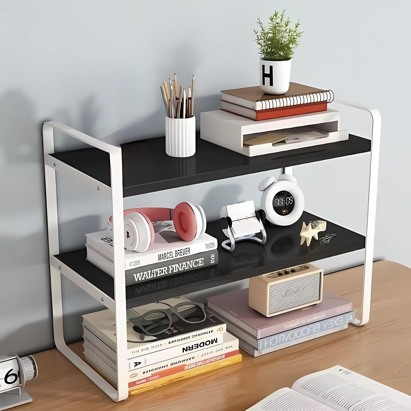 Desktop Organizer Shelf 2-Tier Multipurpose Wood Office Storage Rack Small