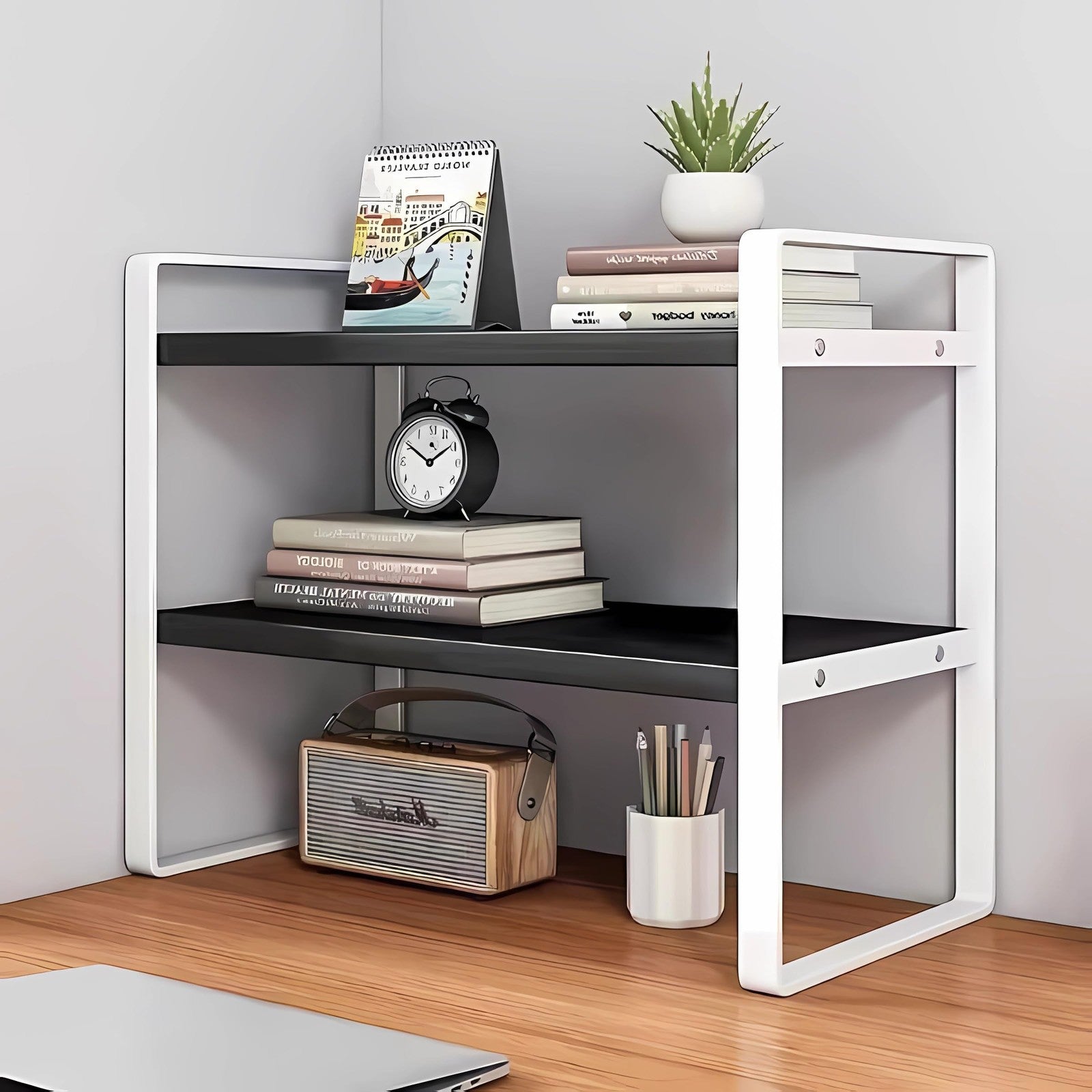 Desktop Organizer Shelf 2-Tier Multipurpose Wood Office Storage Rack Small