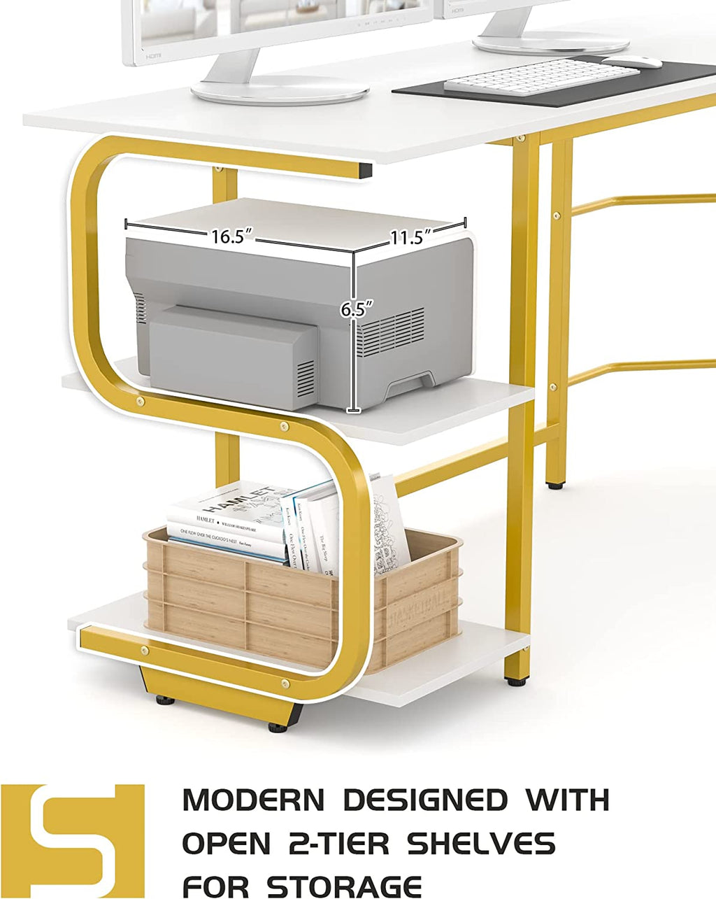 Reversible L Shaped Desk with Large Surface, 61 Inch Sturdy Corner Desk with Storage Shelves, Premium Office Computer Desk Workstation for Home Office Gaming
