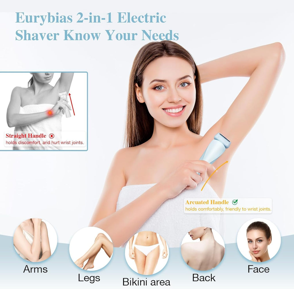Electric Razors Shaver for Women, 2-In-1 Womens Electric Razor for Leg Arm Face, Cordless Bikini Trimmer for Women with Detachable Head, Painless,Wet & Dry,Ocean Blue
