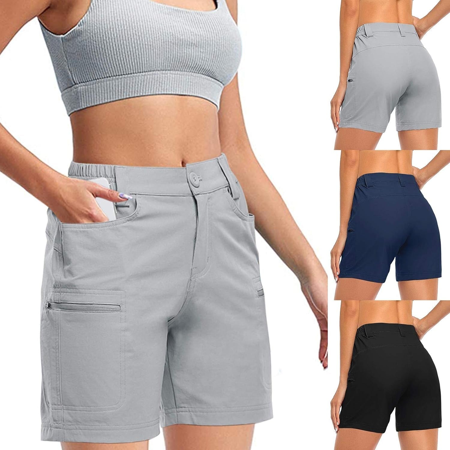 Women'S Hiking Cargo Shorts Stretch Golf Active Shorts Water Resistant Outdoor Summer Shorts with Pockets(Gray), Medium