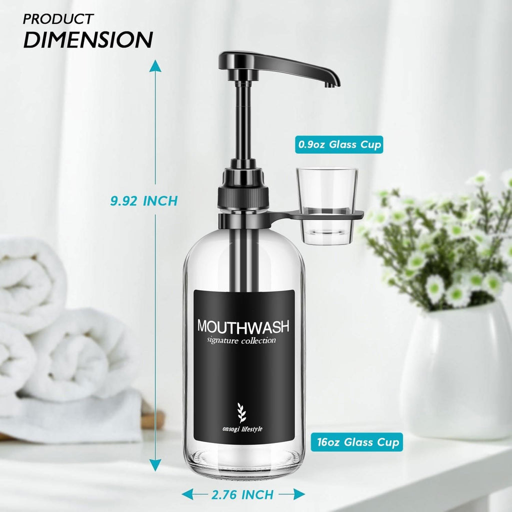 Clear Glass Mouthwash Dispenser with Black Cup Holder and Pump, 16 Oz