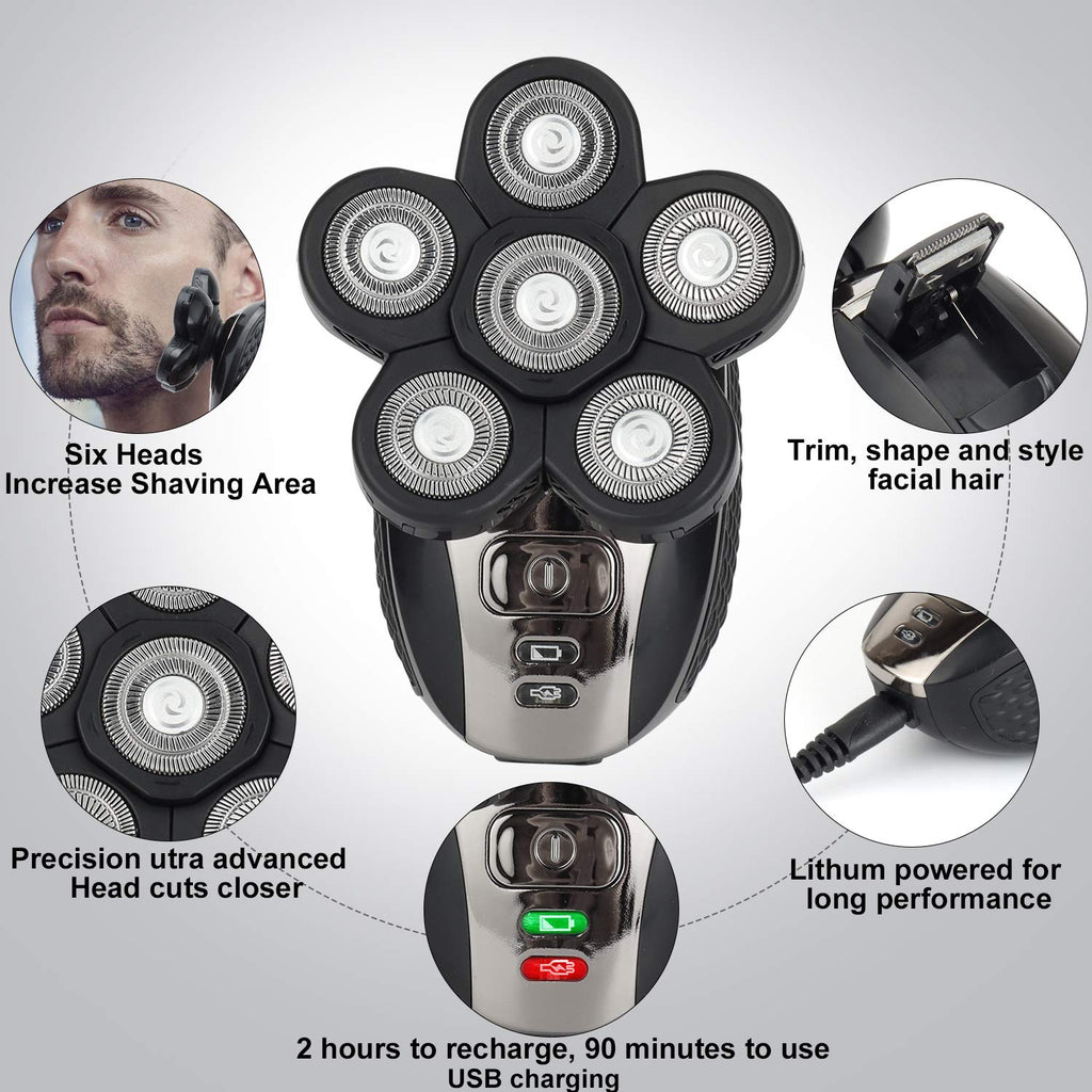 Electric Razor for Men, 5-In-1 Head Shavers for Bald Men, Wet & Dry, Rechargeable, Black