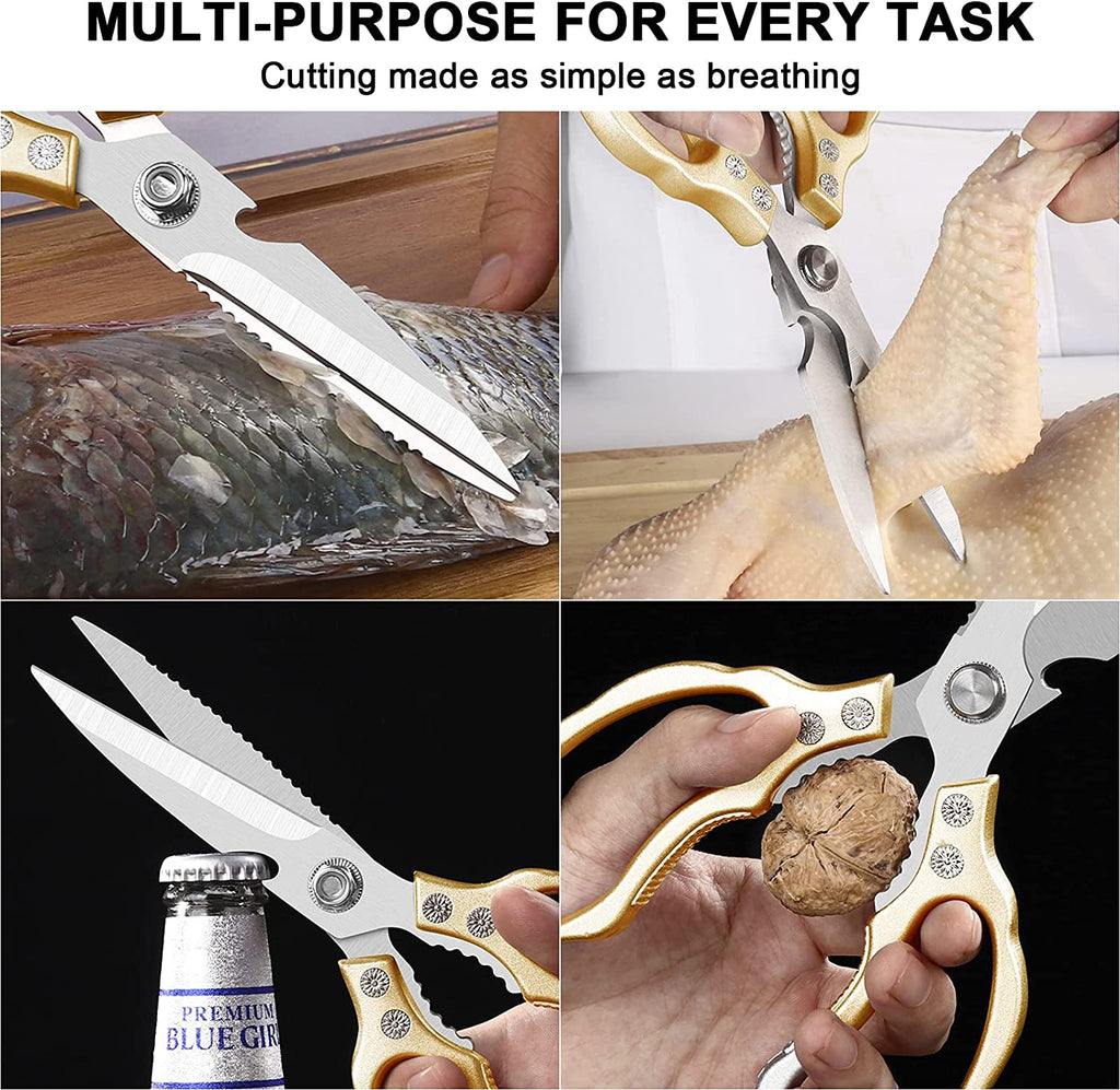 Kitchen Scissors All Purpose Heavy Duty, Ultra Sharp Stainless Steel Kitchen Shears Dishwasher Safe, Cooking Shears for Chicken, Poultry, Fish, Meat, Herbs & Grapes with Non-Slip Grips - Gold