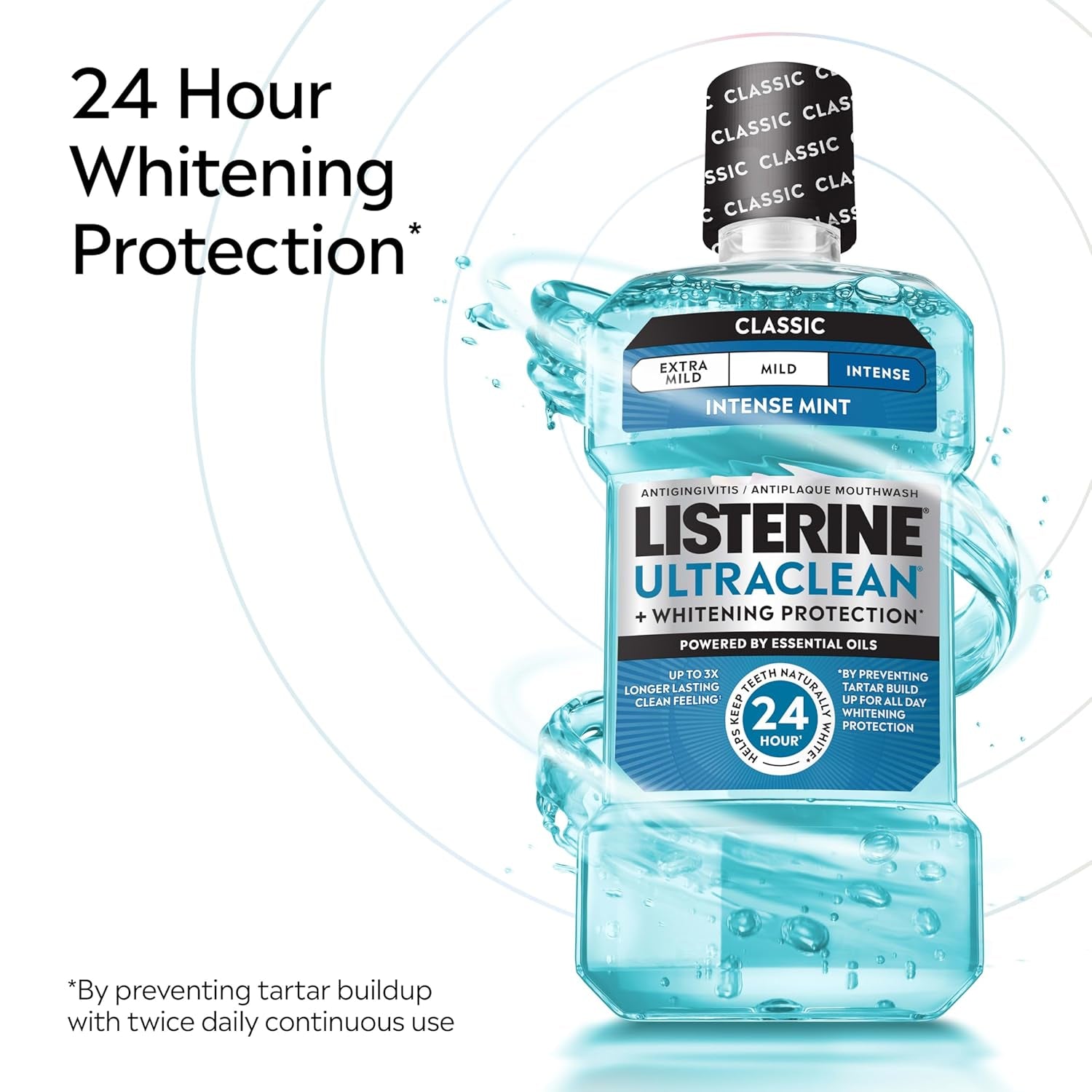 Ultraclean Intense Antiseptic Mouthwash + Whitening Protection*, Everfresh Technology to Help Fight Bad Breath, Gingivitis, & Plaque, Tartar Control Oral Rinse, Intense Mint, 1L