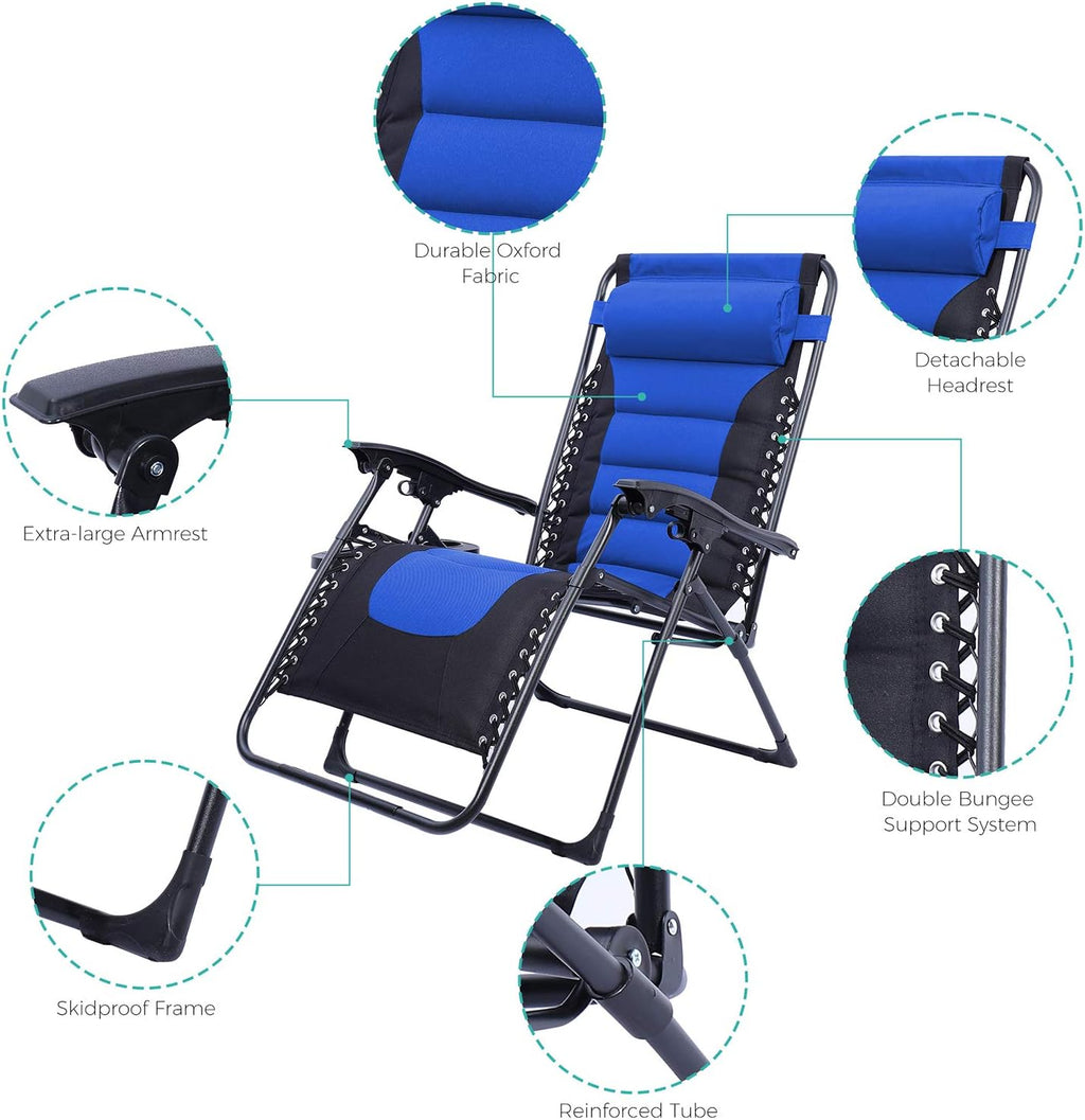 Oversize XL Zero Gravity Recliner Padded Patio Lounger Chair with Adjustable Headrest Support 350Lbs, Blue