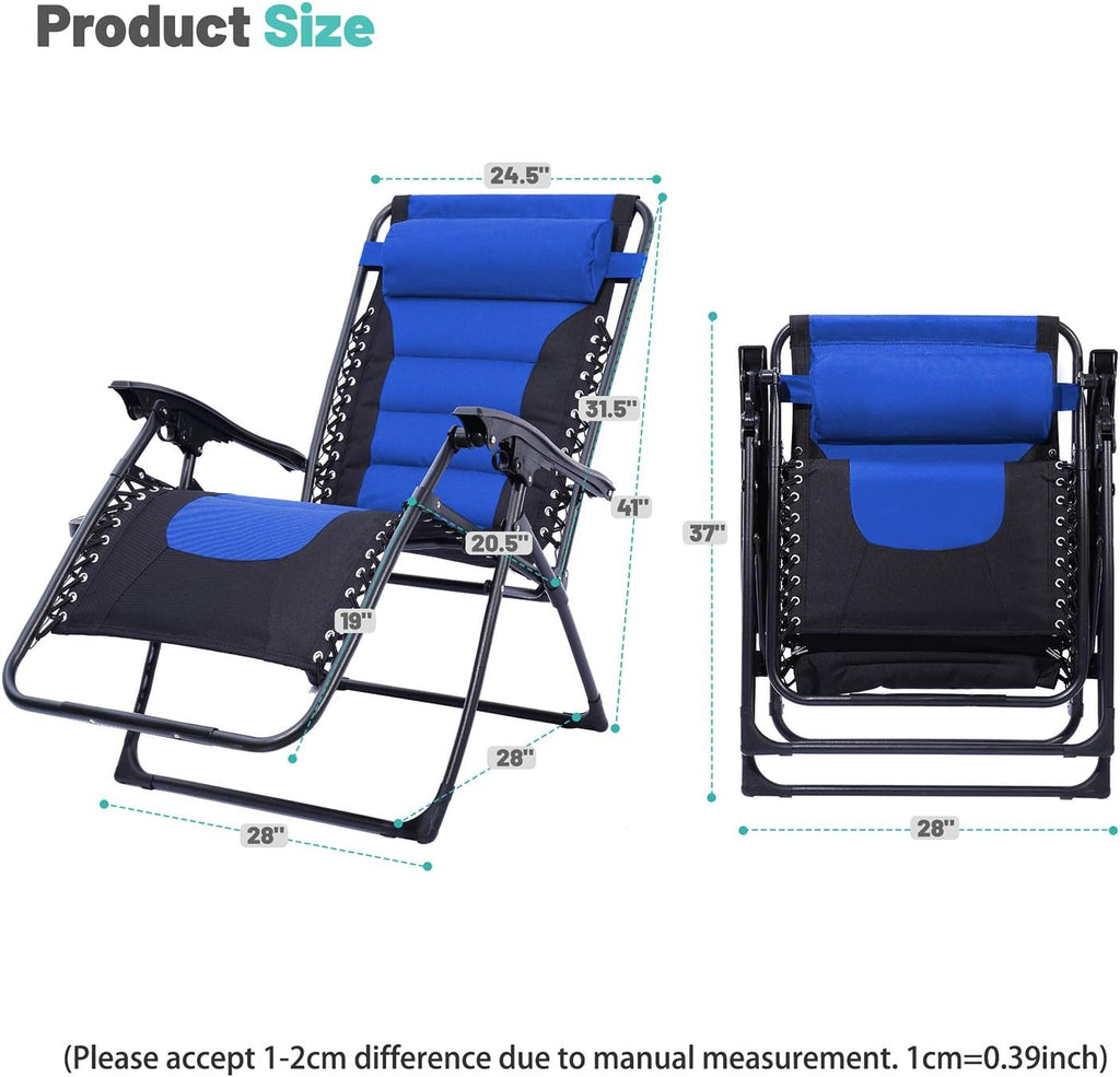 Oversize XL Zero Gravity Recliner Padded Patio Lounger Chair with Adjustable Headrest Support 350Lbs, Blue