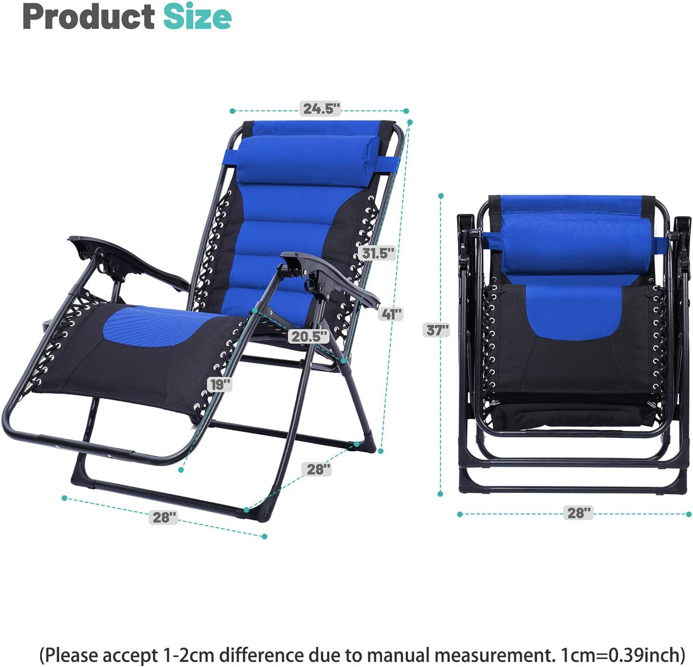 Oversize XL Zero Gravity Recliner Padded Patio Lounger Chair with Adjustable Headrest Support 350Lbs, Blue