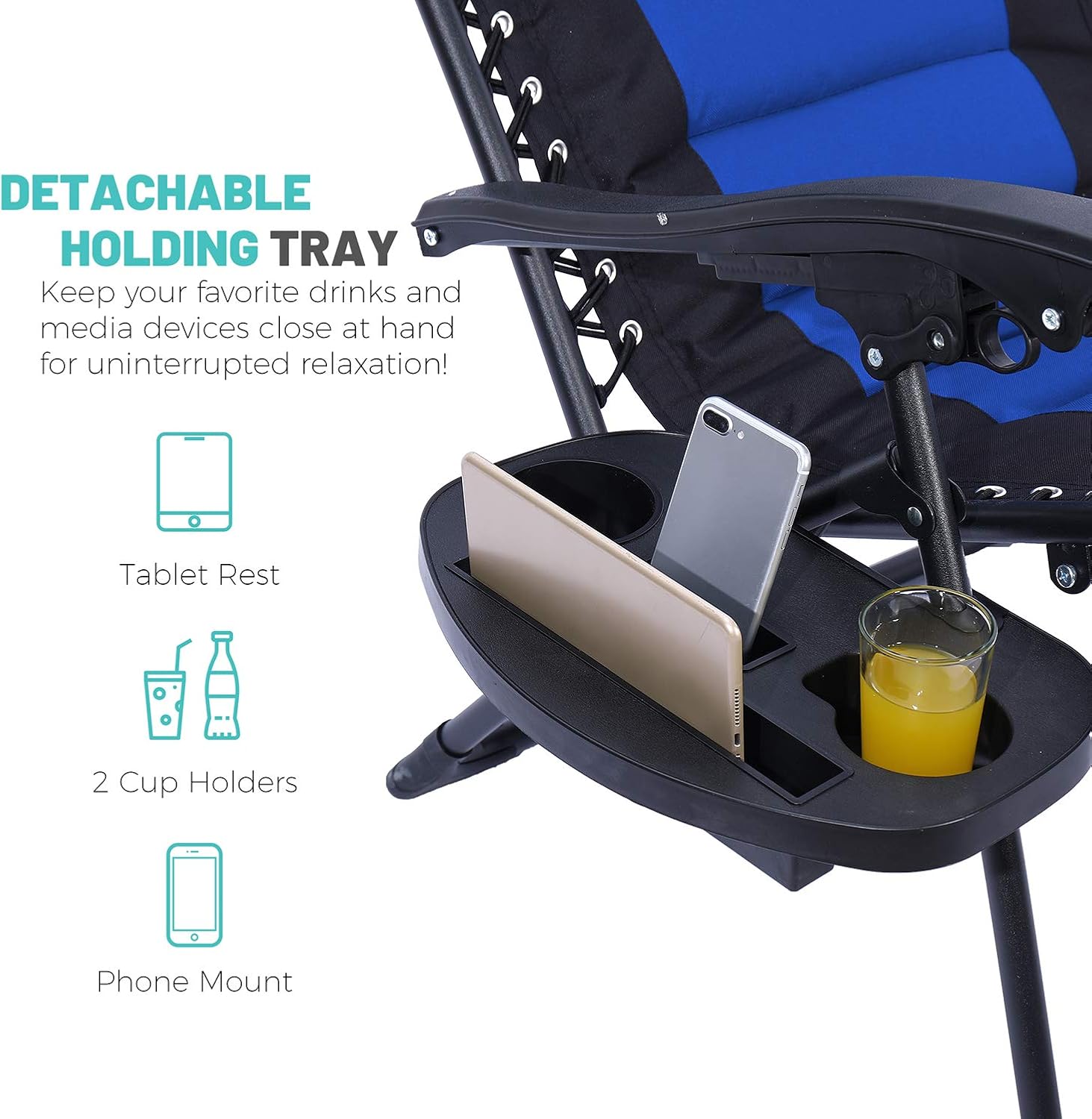 Oversize XL Zero Gravity Recliner Padded Patio Lounger Chair with Adjustable Headrest Support 350Lbs, Blue