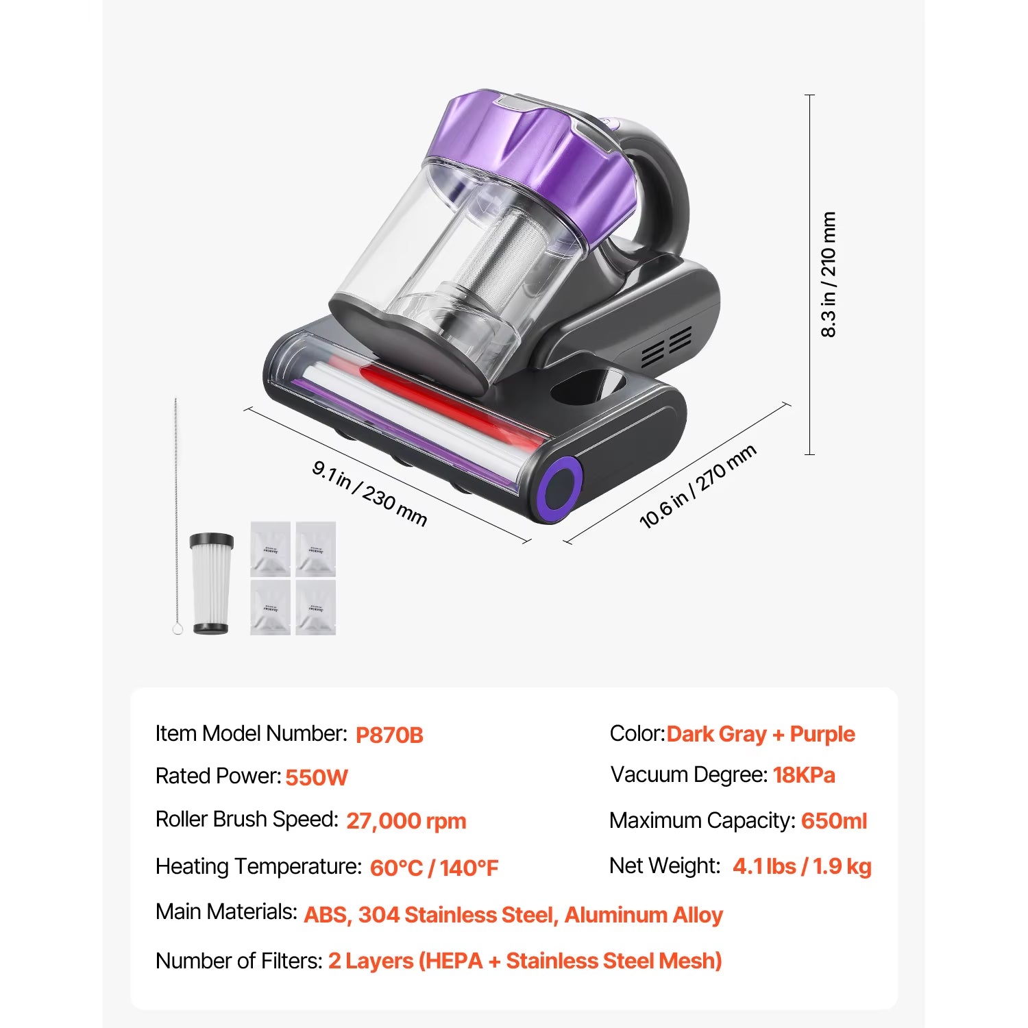 Succebuy Mattress Vacuum Cleaner W/ 18Kpa Powerful Suction Dual Dust Bin HEPA Filter & Heating Ultrasound Handheld for Bed Sofa