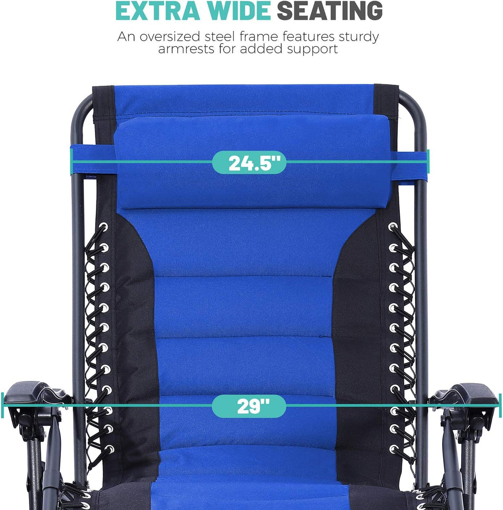 Oversize XL Zero Gravity Recliner Padded Patio Lounger Chair with Adjustable Headrest Support 350Lbs, Blue