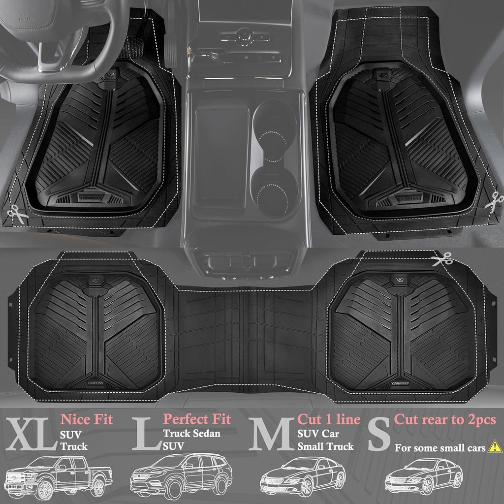 Heavy Duty Rubber Car Mats, Deep-Dish Odorless Car Floor Mats All Weather, Universal Trim-To-Fit for Suvs Trucks Sedans, Waterproof Anti-Slip, 3 Pieces V12 Black