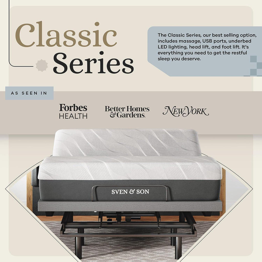 Classic Adjustable Bed Base, Head and Foot Lift, Massage, Under-Bed Lights, USB, Gel Memory, Zero Gravity Smart Frame - Queen + 14 Inch Hybrid Spring Matt (Medium Soft)
