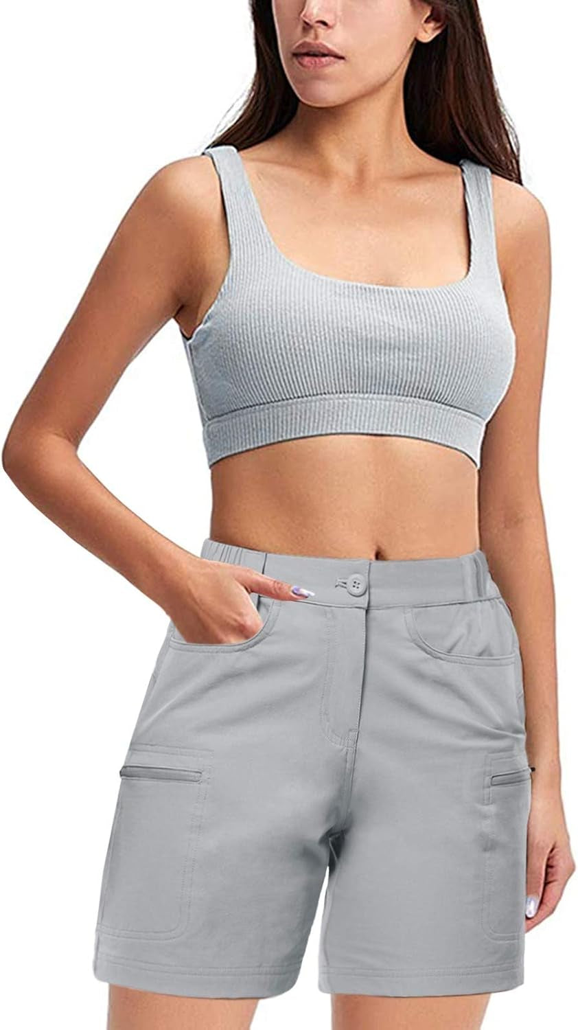 Women'S Hiking Cargo Shorts Stretch Golf Active Shorts Water Resistant Outdoor Summer Shorts with Pockets(Gray), Medium