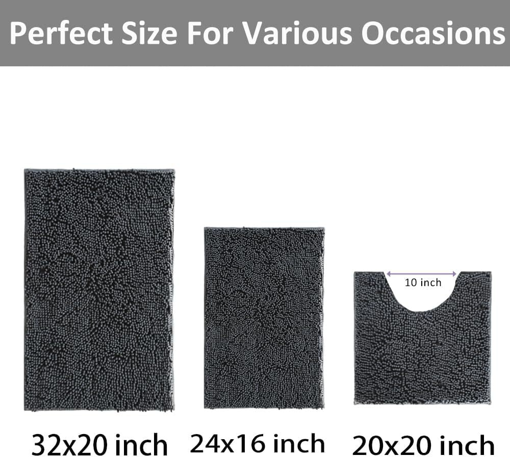Bathroom Rugs Thick Chenille Bath Mat Set 3 Piece, Non-Slip Bath Rugs, Absorbent