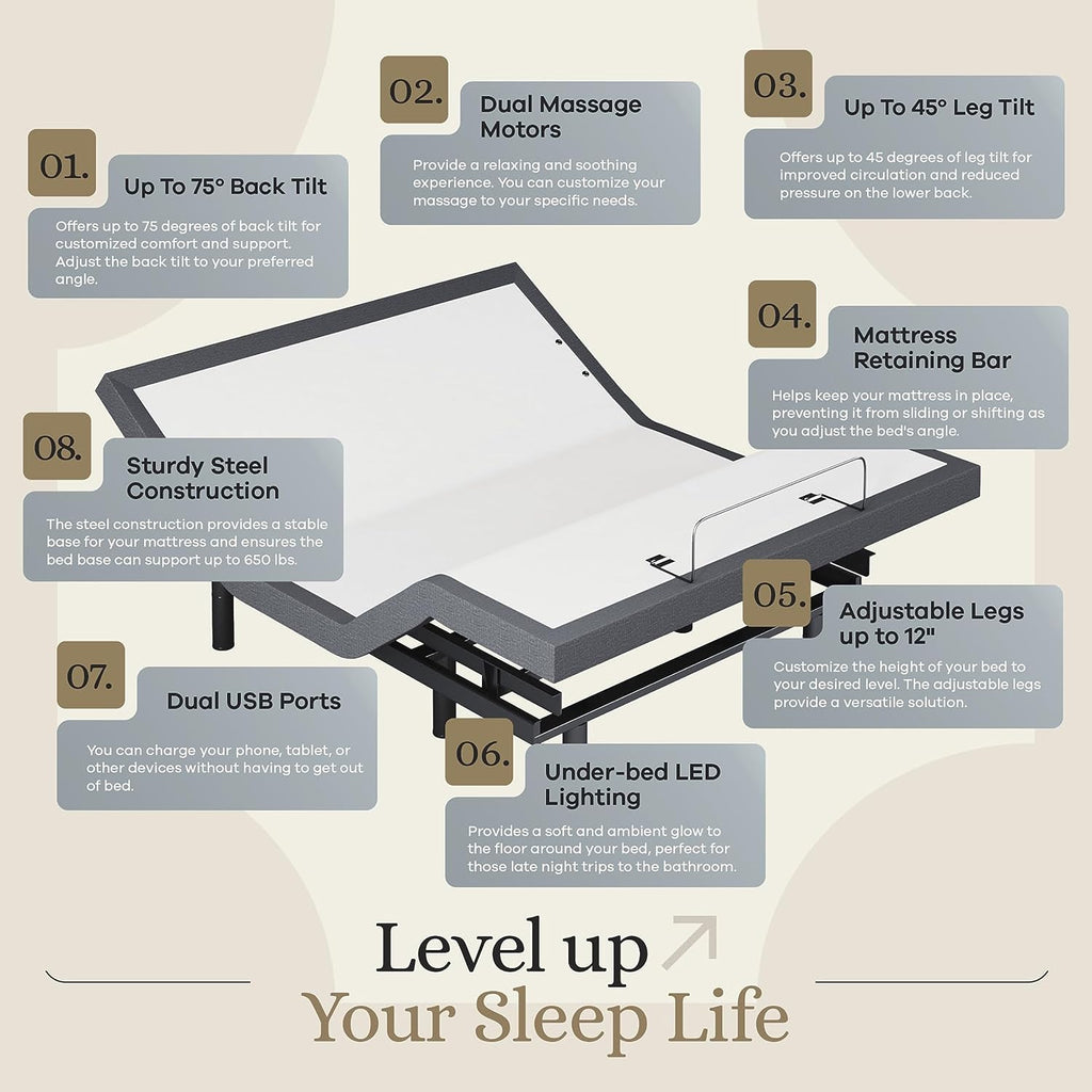 Classic Adjustable Bed Base, Head and Foot Lift, Massage, Under-Bed Lights, USB, Gel Memory, Zero Gravity Smart Frame - Queen + 14 Inch Hybrid Spring Matt (Medium Soft)