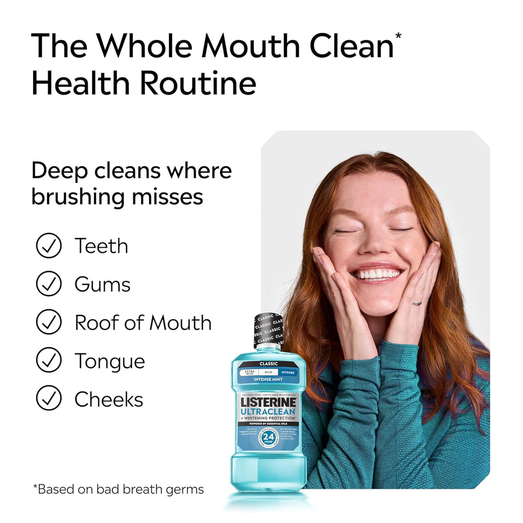 Ultraclean Intense Antiseptic Mouthwash + Whitening Protection*, Everfresh Technology to Help Fight Bad Breath, Gingivitis, & Plaque, Tartar Control Oral Rinse, Intense Mint, 1L