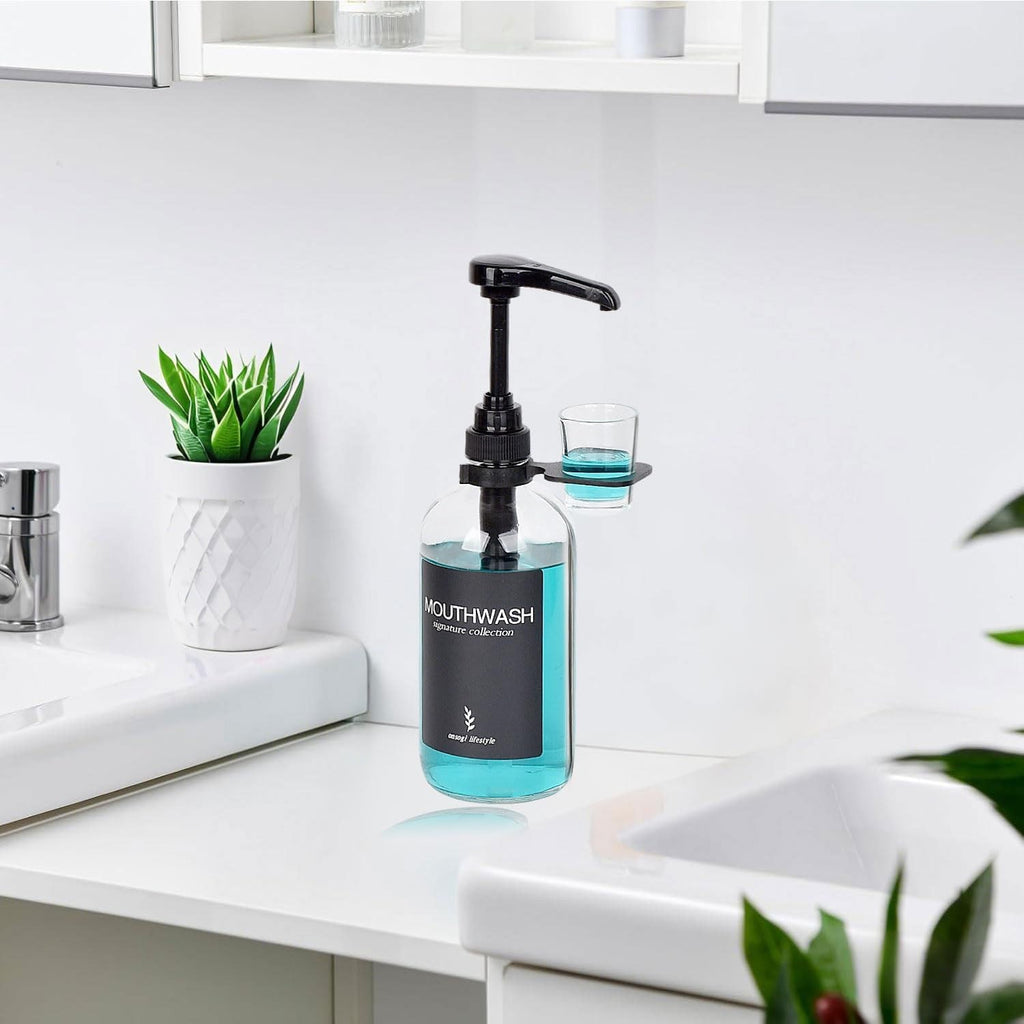 Clear Glass Mouthwash Dispenser with Black Cup Holder and Pump, 16 Oz