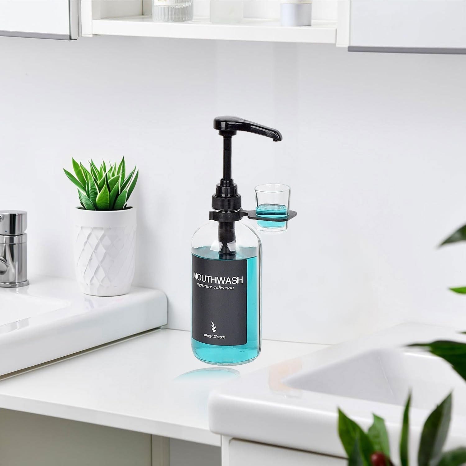 Clear Glass Mouthwash Dispenser with Black Cup Holder and Pump, 16 Oz