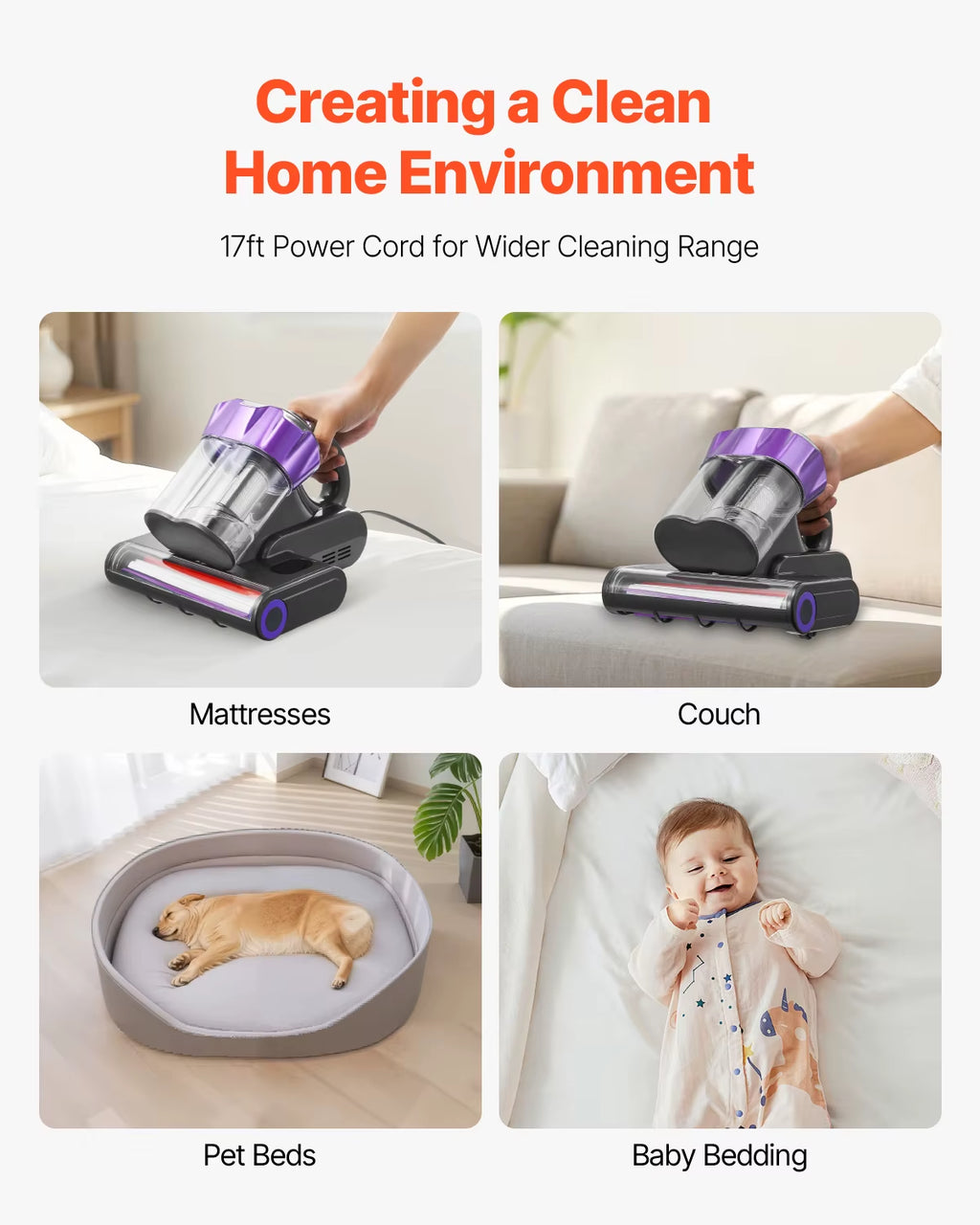 Succebuy Mattress Vacuum Cleaner W/ 18Kpa Powerful Suction Dual Dust Bin HEPA Filter & Heating Ultrasound Handheld for Bed Sofa