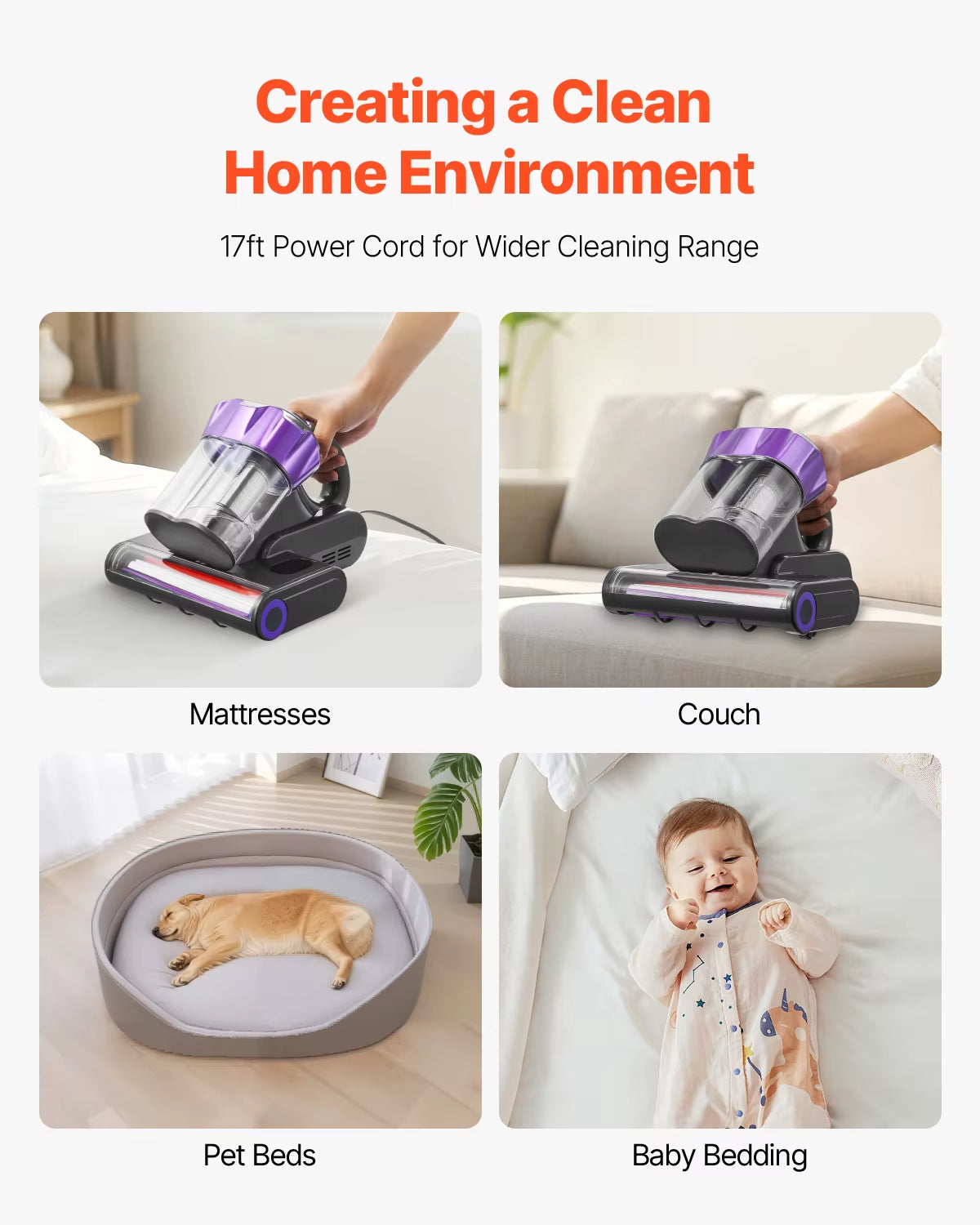 Succebuy Mattress Vacuum Cleaner W/ 18Kpa Powerful Suction Dual Dust Bin HEPA Filter & Heating Ultrasound Handheld for Bed Sofa