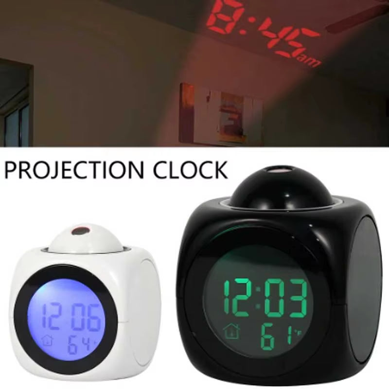 Multi-Function Projection Chime Clock LED Light Alarm Clock Voice Alert Temperature Chime Clock Projection Clock