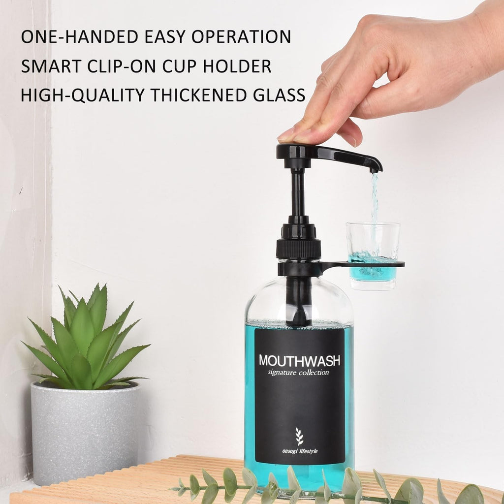 Clear Glass Mouthwash Dispenser with Black Cup Holder and Pump, 16 Oz