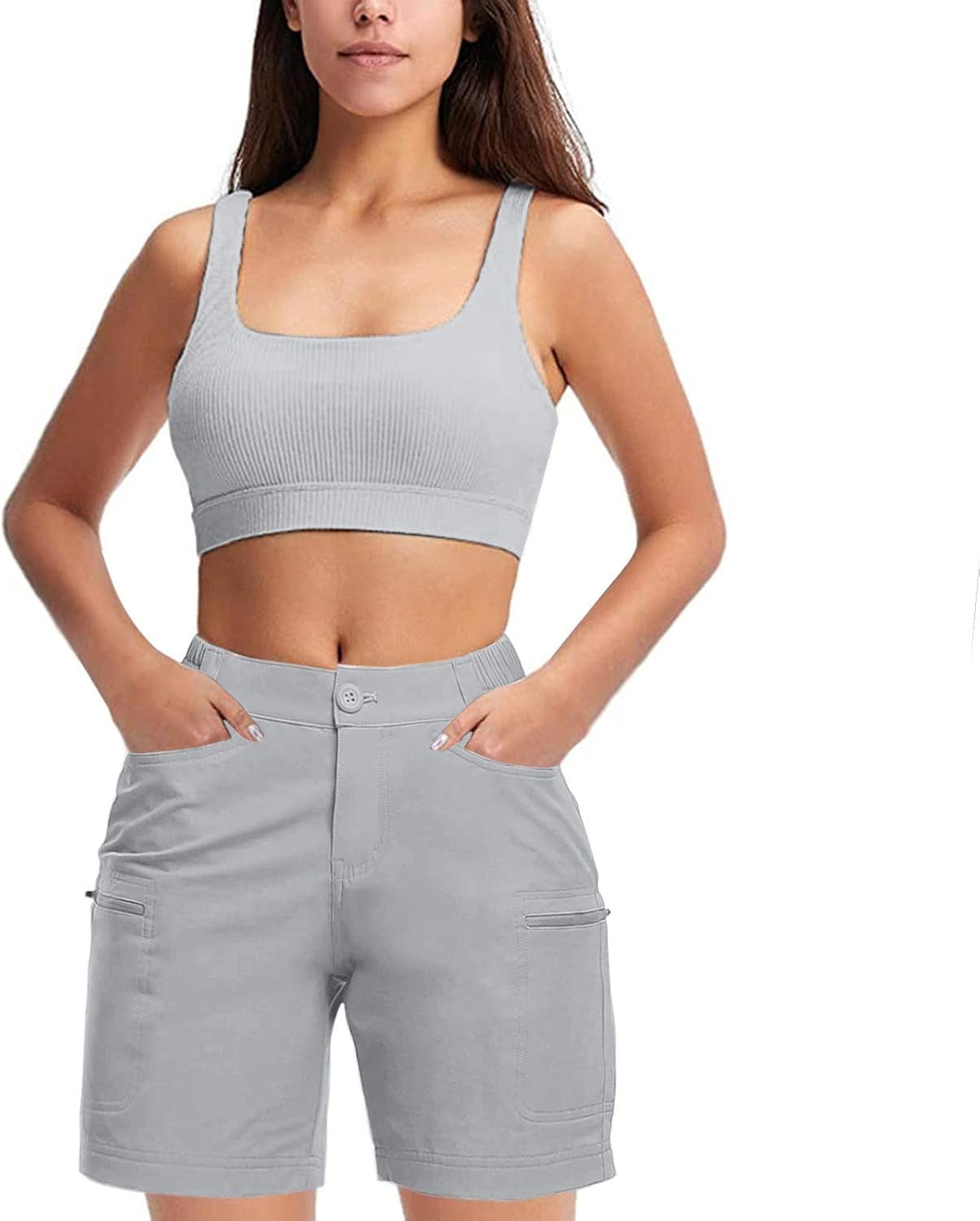 Women'S Hiking Cargo Shorts Stretch Golf Active Shorts Water Resistant Outdoor Summer Shorts with Pockets(Gray), Medium