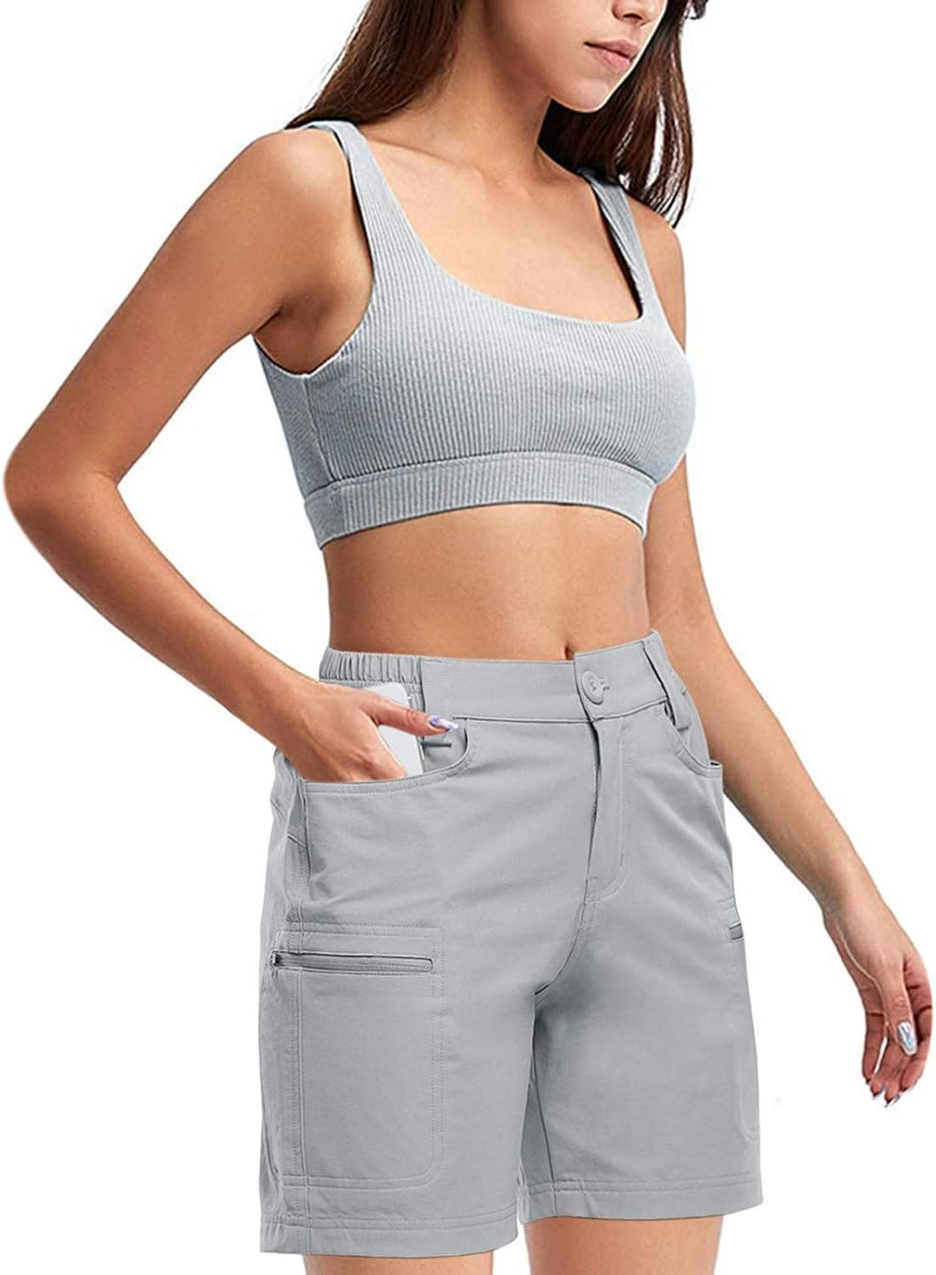 Women'S Hiking Cargo Shorts Stretch Golf Active Shorts Water Resistant Outdoor Summer Shorts with Pockets(Gray), Medium