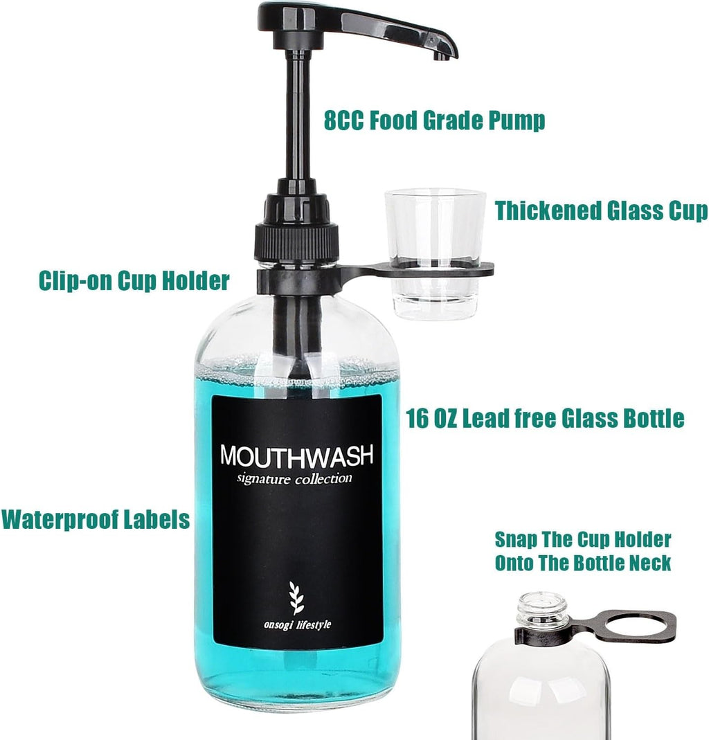 Clear Glass Mouthwash Dispenser with Black Cup Holder and Pump, 16 Oz