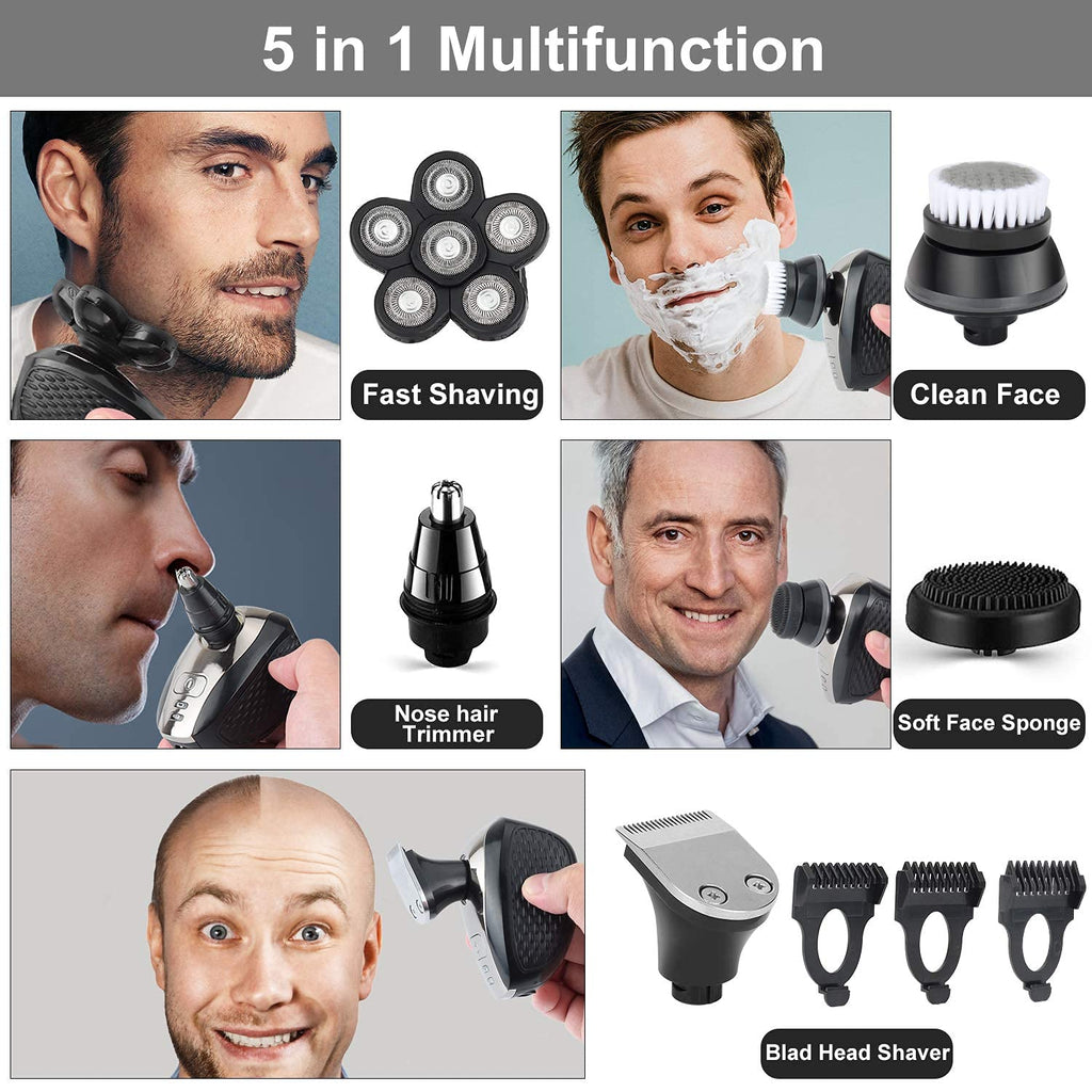 Electric Razor for Men, 5-In-1 Head Shavers for Bald Men, Wet & Dry, Rechargeable, Black