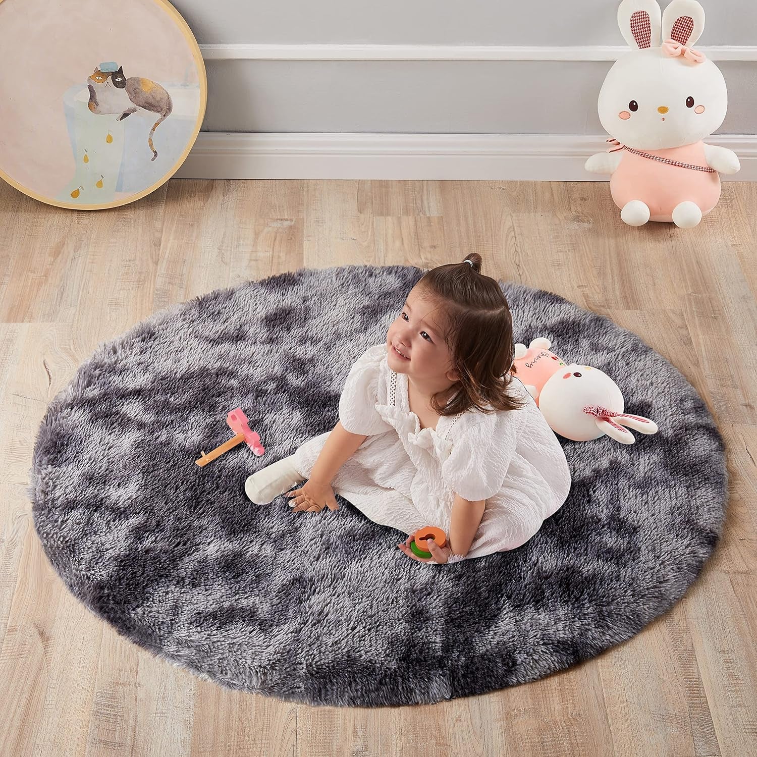 round Rug 5Ft, Tie-Dyed Dark Grey Circle Rug for Bedroom, Nursery Rug, round Area Rug, Fluffy Shag Fuzzy Soft Rug, Circular Rug for Kids Girl Room Playroom, Plush Shaggy Furry Rug Home Decor