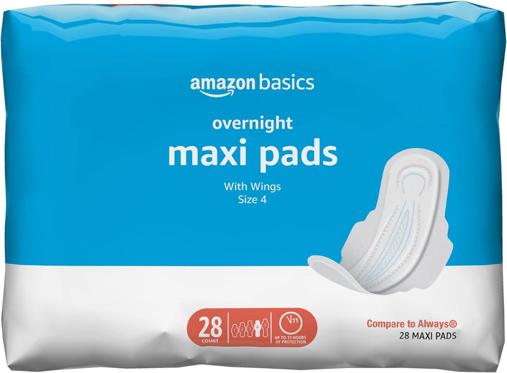 Thick Maxi Pads with Wings for Periods - Overnight Absorbency, Unscented, Size 4