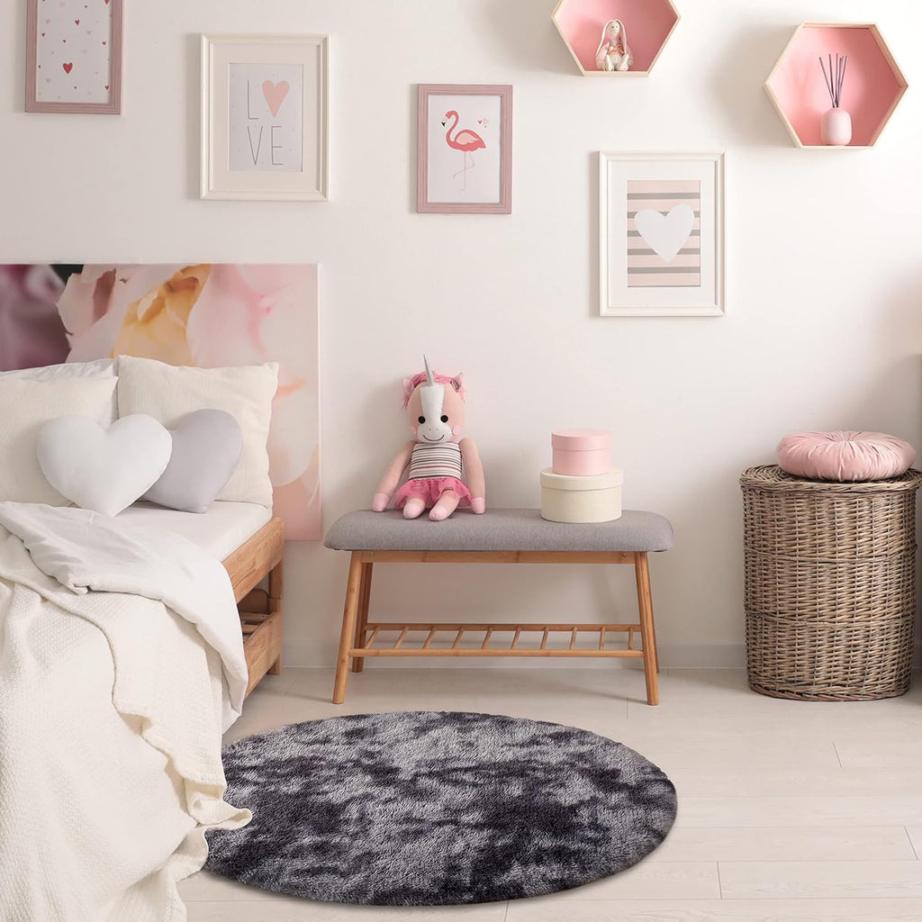 round Rug 5Ft, Tie-Dyed Dark Grey Circle Rug for Bedroom, Nursery Rug, round Area Rug, Fluffy Shag Fuzzy Soft Rug, Circular Rug for Kids Girl Room Playroom, Plush Shaggy Furry Rug Home Decor