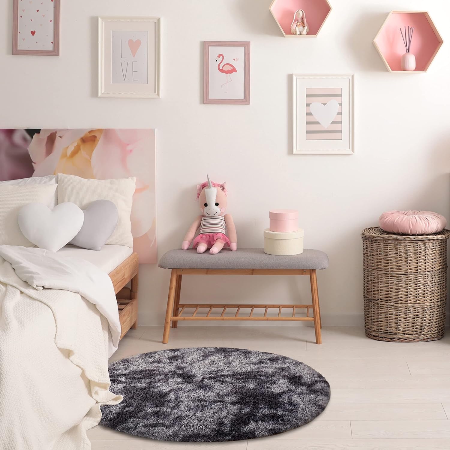 round Rug 5Ft, Tie-Dyed Dark Grey Circle Rug for Bedroom, Nursery Rug, round Area Rug, Fluffy Shag Fuzzy Soft Rug, Circular Rug for Kids Girl Room Playroom, Plush Shaggy Furry Rug Home Decor
