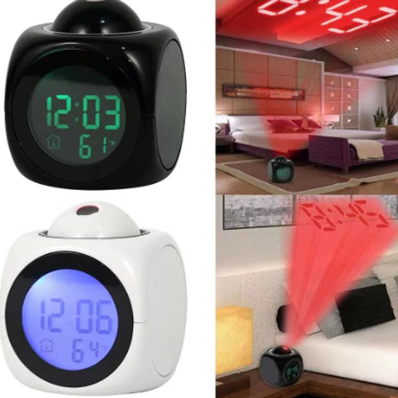 Multi-Function Projection Chime Clock LED Light Alarm Clock Voice Alert Temperature Chime Clock Projection Clock